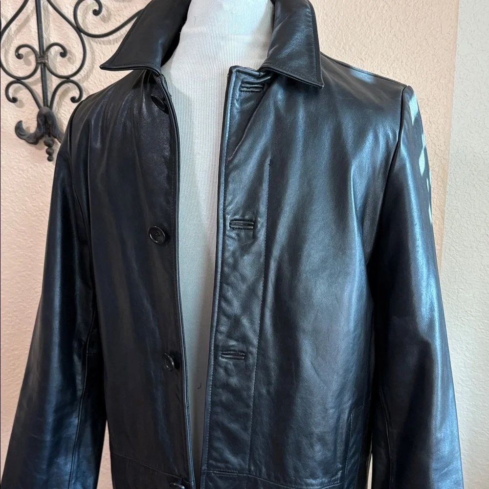 Banana Republic Black Leather Trench Car Coat black genuine leather man Sz XS